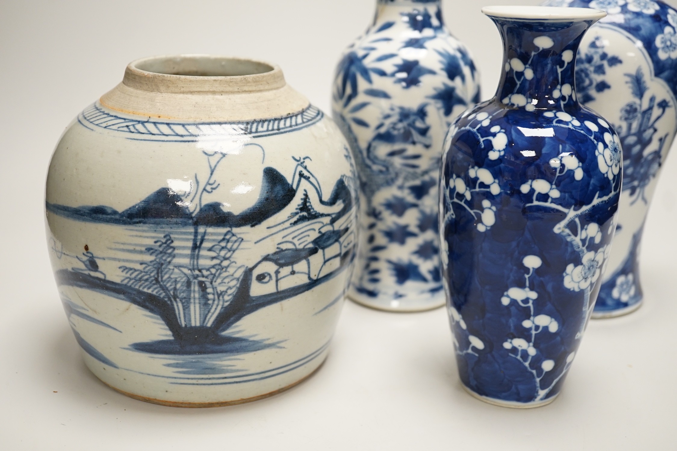 Three Chinese blue and white vases and a similar jar, 19th century, tallest 22.5 cm